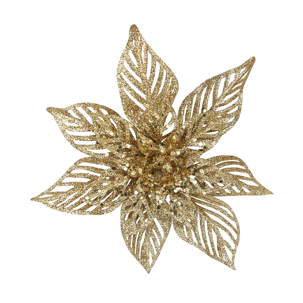 Gold Glitter Acrylic Poinsettia On Clip, Sml